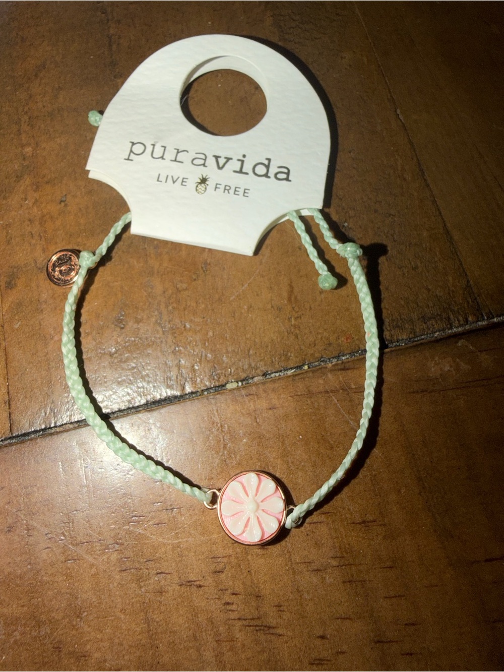 Pura Vida adjustable cord charm bracelet flower dangle green pink rose gold